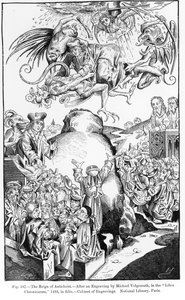 1493年に出版されたリベルクロニコルムからの反キリストの統治、イラスト、中世の科学とルネサンス、ポールラクロワによって書かれ、彫刻された、1878年（engrav 作： Michael Wolgemut