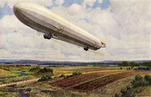 ドイツ軍ツェッペリン飛行船の上昇（カラーリトグラフ 作： Michael Zeno Diemer