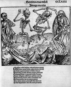 ハルトマン・シェデル（1440-1514）の「ニュルンベルク年代記」に登場する、骸骨が登場する不気味なダンスシーン（7月12日、ニュルンベルクでアントン・コベルガーが編集