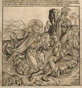 1493年にニュルンベルクで出版されたハートマンシェデル（1440-1514）による「自由のクロニコルム」からのイラスト、アダムの肋骨からイブを作成する父なる神 作： Michael and Pleydenwurff, W. Wolgemuth