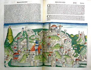1493年に印刷されたハートマンシェデル（1440-1514）によるニュルンベルク年代記からティトゥス皇帝によって破壊されたエルサレムの反乱した都市 作： Michael and Pleydenwurff, W. Wolgemuth