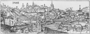 1493年にニュルンベルクで出版されたハルトマンシェデル（1440-1514）による「自由のクロニコルム」からのプラハの眺め 作： Michael and Pleydenwurff, W. Wolgemuth