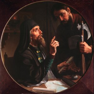 聖三位一体の月桂樹 (Trinite-Saint-Serge) Dionysius Zobninovsky のヒグメン (hegoumene) は教会の行為を提示します (Lavra Dionysius Zobninovsky の Hegumen は教会の行為を提示します) - Mikhail Ivanovich Skotti による絵画 (18)。 作： Michail Ivanovich Skotti
