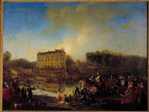 アダム城の前の水に捕まった鹿。ミシェル・オリヴィエ（1712-1784）の絵 1777年 日0,96x1,28m 作： Michel Barthelemy Ollivier or Olivier