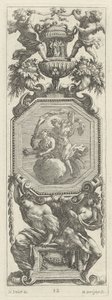 2つのプッティと花瓶が上にある装飾パネル 作： Michel Dorigny, after Simon Vouet