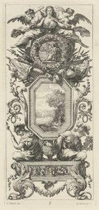 女性の胸に寄りかかる2つの図が上にある装飾パネル 作： Michel Dorigny, after Simon Vouet