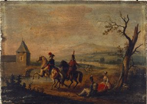 風景の中の軍隊、1751年から1800年の間（木に油彩） 作： Michel Duplessis