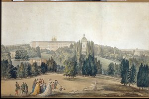 ツァルコエ ・ セロー (サンクトペテルブルク) のビュー。 皇后エカテリーナ 2 世 (1729-1796) の遊歩道。 (ツァルコエ・セローの眺め。女帝エカテリーナ 2 世の散歩)。 Michel Francois Damam Demartrait (1763-1827) の作品、版画と水彩画。 フランス美術 作： Michel Francois Damam Demartrait
