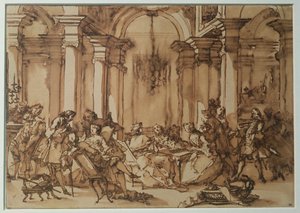 18世紀の文学サロン（ペンとセピア色の紙の上で洗う） 作： Michel Francois Dandre Bardon