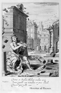 アンフィオンは彼のバイオリンの音楽によってテーベの壁を築きました、1655 作： Michel de Marolles