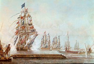 1777年7月、トゥーロンの港でプロヴァンス伯爵に与えられた饗宴、防波堤の翼 グアッシュ：Michel Joseph dit Michel de Toulon（1777年から1792年にかけて活躍）1777年。ヴェルサイユ、城の博物館 作： Michel de Toulon