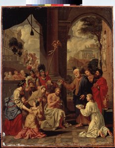 ""Le bapteme du centurion Corneille"" (百人隊長コルネリウスの洗礼) ローマの百人隊長であるコルネイユは、ピーターから洗礼を受けました。 ミシェル コルネイユ (1642-1708) の絵画。 17世紀 Dim. 88x70 cm エルミタージュ美術館、サンクトペテルブルク 作： Michel des Gobelins Corneille