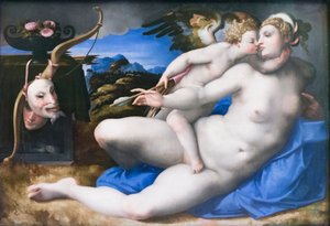 金星とキューピッド、ミケランジェロ・ブオナローティ（パネルに油彩） 作： Michelangelo (after) Buonarroti
