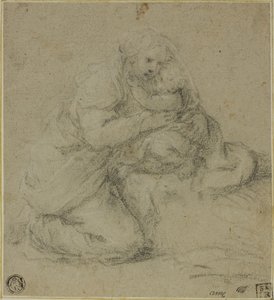 ひざまずいて子供を抱きしめる母親 作： Michelangelo Anselmi