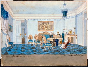 モスクワのジナイダ アレクサンドロヴナ ヴォルコンスカヤ王女 (1792-1862) の邸宅のリビング ルームの眺め - ミケランジェロ バルベリ (19 世紀初頭に活躍) の作品 作： Michelangelo Barberi