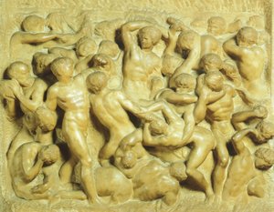 ミケランジェロ（1475-1564）の「ケンタウロスとラピスの戦い」、大理石、80x88cm 作： Michelangelo Buonarroti