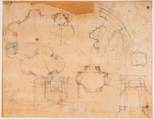 スフォルツァ礼拝堂の建築計画、立面図、ドームのスケッチ 作： Michelangelo Buonarroti
