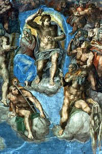 キリスト、「最後の審判」の詳細、システィーナ礼拝堂、16世紀、ミケランジェロの自画像と聖バルトロメ 作： Michelangelo Buonarroti
