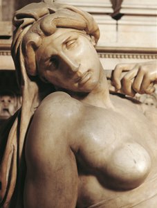 夜明け（オーロラ）、ミケランジェロ（1475-1564）によるロレンツォ・デ・メディチの墓の細部、大理石彫刻 サン・ロレンツォ教会メディチ礼拝堂（トスカーナ州、フィレンツェ 作： Michelangelo Buonarroti