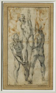 三人目を持ち上げる二人の裸の男 1502-06年頃...
