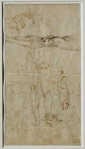 人物の様々な習作、ペトラルカのソネットに基づく碑文、1506年頃... 作： ミケランジェロ・ブオナローティ