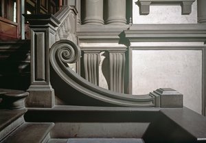 エントランスホール、1524年から34年にミケランジェロによって設計され、1559年にバルトロメオアンマナーティによって完成した階段の詳細1511-92写真