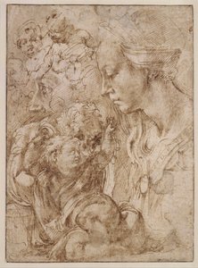 "Etude pour la sainte Famille avec saint Jean Baptiste enfant" (Studies for a Holy Family with John the Baptiste as Child) Dessin de Michelangelo Buonarroti (1475-1564) - 1505 - ペン、筆、墨、紙 Dim 28,7x20,9 cm Staatliche Museen, Berlin 作： Michelangelo Buonarroti