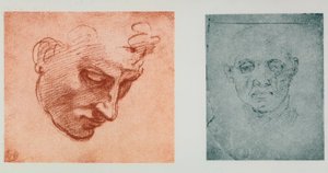 顔の正面図、およびプロファイルの1つ。ミケランジェロの絵。カーサブオナローティ（フィレンツェ） 作： Michelangelo Buonarroti