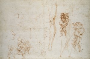 Hercules and Antaeus and other Studies、c.1525-28（チョーク紙） 作： Michelangelo Buonarroti