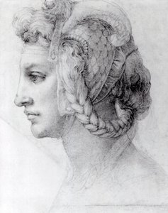 女性の理想的な頭、c.1525-28（紙に黒いチョーク） 作： Michelangelo Buonarroti