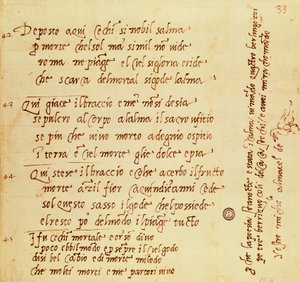 ミケランジェロ・ブオナローティ（1475-1564）の詩の写本 作： Michelangelo Buonarroti