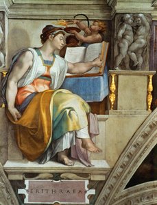 預言者とシビュルバチカンのシスティーナ礼拝堂の天井、1508-1512年に描かれたエリスラのシビル。 作： Michelangelo Buonarroti