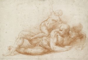 サムソンとデリラ（オフホワイトの紙に赤いチョーク） 作： Michelangelo Buonarroti