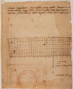 窓のスケッチ、自筆の注釈と図形計算 作： Michelangelo Buonarroti