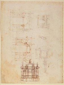 凱旋門の形での建築構成の研究、c.1516（紙にペンと茶色のインクが付いた黒いチョーク）（直腸）（詳細は191776を参照） 作： Michelangelo Buonarroti