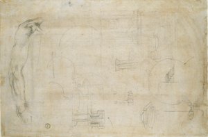男性の腕といくつかの建築スケッチの研究、c1490-1560 作： Michelangelo Buonarroti