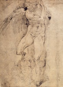 最後の審判のための天使の研究：ミケランジェロによる描画。カーサブオナローティ（フィレンツェ） 作： Michelangelo Buonarroti