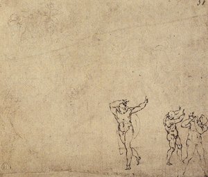 ヌードフィギュアの研究：ミケランジェロのドローイング。カーサブオナローティ（フィレンツェ） 作： Michelangelo Buonarroti