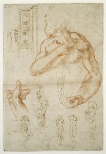 リビアのシビルの援助図の研究、c.1512（紙に書かれた赤いチョークとペン） 作： Michelangelo Buonarroti