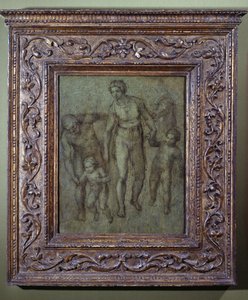 洗礼者聖ヨハネとの聖家族、1540年頃（パネルにブラシと茶色のウォッシュ） 作： Michelangelo Buonarroti