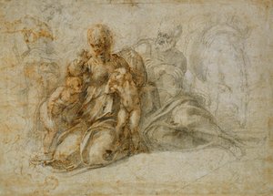 天使が出席した聖家族との洗礼者聖ヨハネの出会い：エジプトへの飛行の残り 作： Michelangelo Buonarroti