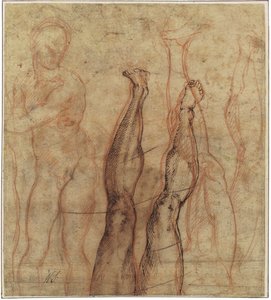 復活したキリスト、脚と足の研究に描かれた4分の3の長さのヌード 作： Michelangelo Buonarroti