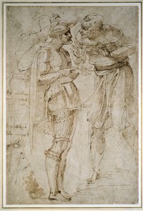会話の3人の男性（紙にペンと茶色のインク） 作： Michelangelo Buonarroti