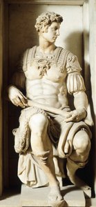 ミケランジェロ（1475-1564）作「ジュリアーノ・デ・メディチの墓」、フィレンツェ・サン・ロレンツォ大聖堂メディチ礼拝堂の新聖具室、詳細 作： Michelangelo Buonarroti