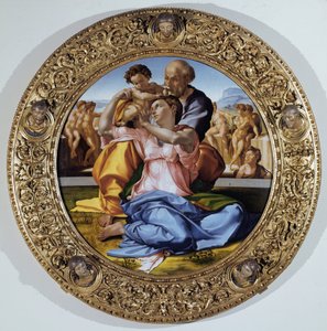 トンド・ドニ：聖家族と洗礼者聖ヨハネの子供 - 油彩・パネル 作： Michelangelo Buonarroti