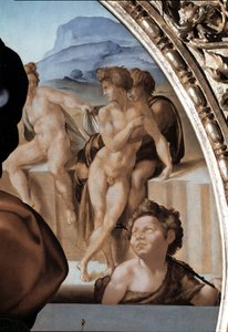 トンド・ドニ：聖家族と洗礼者聖ヨハネの子供、細部 - 1504-06年（パネルに油彩 作： Michelangelo Buonarroti