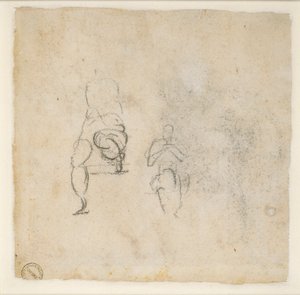 座っている人物のごくわずかなスケッチ 2 点、c1490-1560 作： Michelangelo Buonarroti