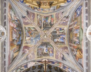 聖母マリアの生涯の場面を描いた聖壇の丸天井（フレスコ画 作： Michelangelo Carminati
