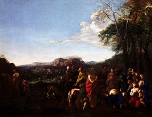 ミケランジェロ・セルコッツィ（ミケランジェロ・デッレ・バッタリー）（1602-1660）の「洗礼者ヨハネの説教」は、油彩・キャンバス、76x100cm。 作： Michelangelo Cerquozzi
