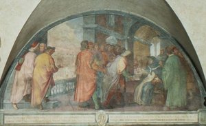 聖アントニヌス、サンマルティーノに善良な人々の会社を設立する、ルネット（フレスコ画） 作： Michelangelo Cinganelli